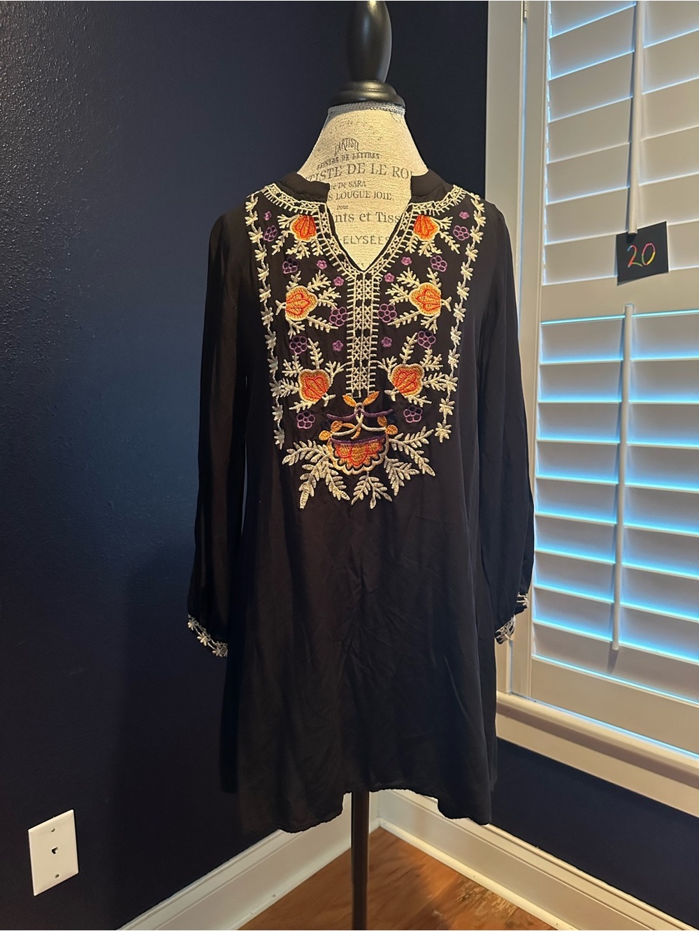 SHEIN Black Embroidered Floral V-Neck Swim Coverup 100% Cotton
